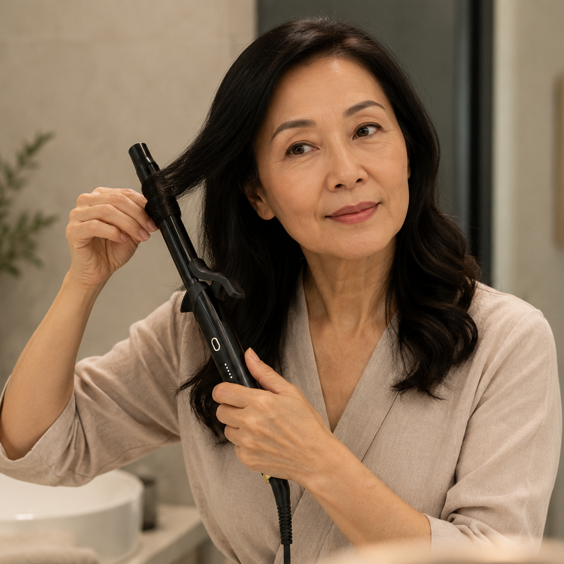 Boucleur CurlPro 13mm utilisé sur cheveux d'une femme asiatique mature