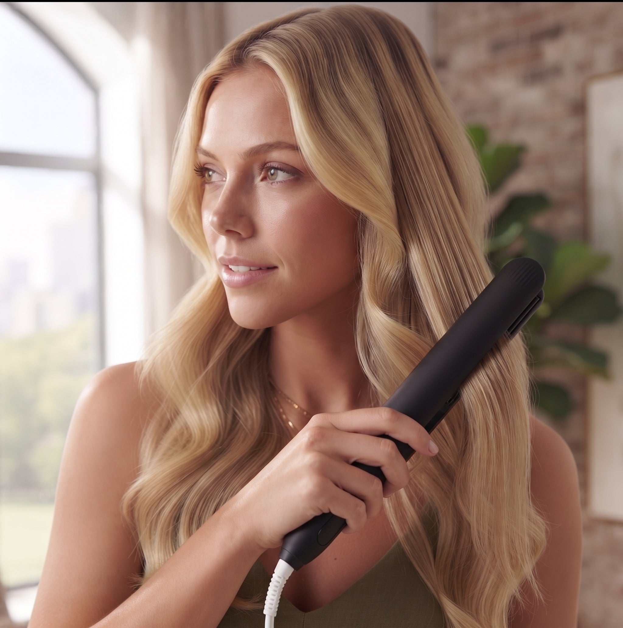 Mini lisseur de voyage GlowStyler, utilisé sur cheveux blonds