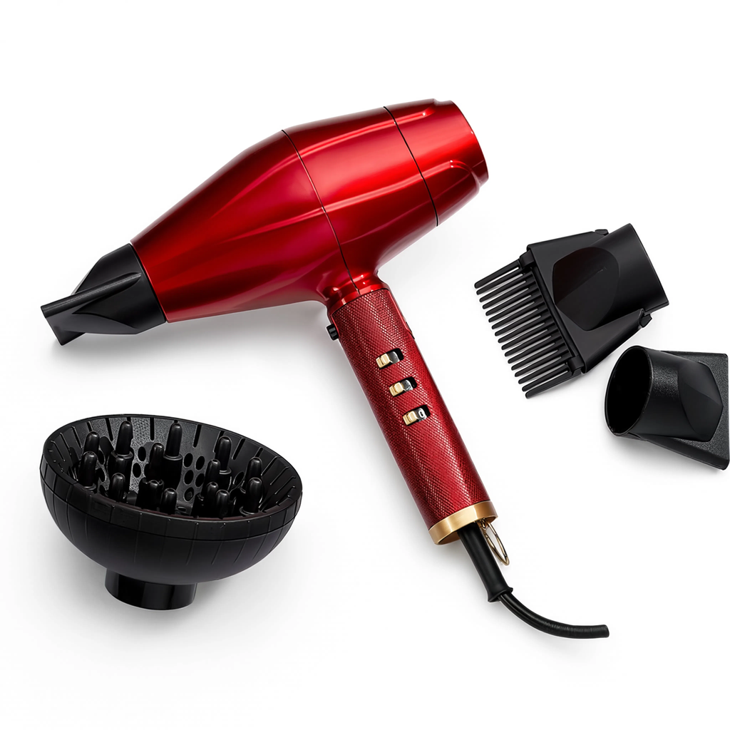 Sèche-cheveux AeroDry Pro rouge avec accessoires, vue produit