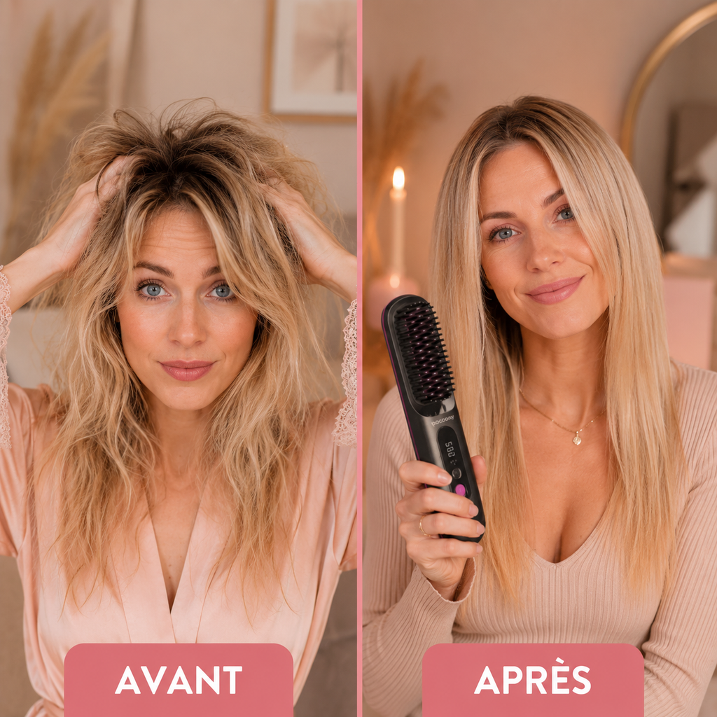 Brosse lissante IonoSleek Pro, résultat avant/après sur cheveux longs