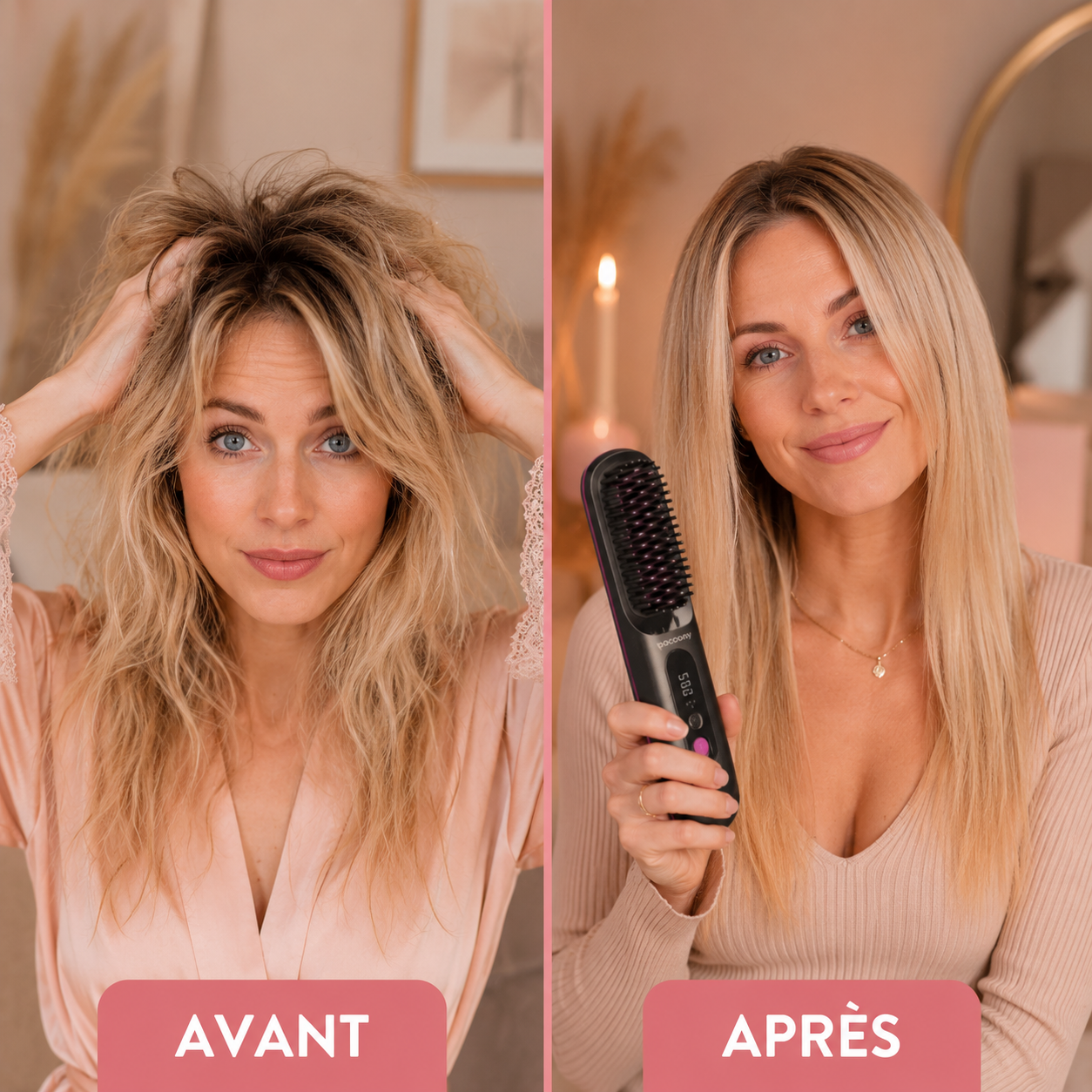 Brosse lissante IonoSleek Pro, résultat avant/après sur cheveux longs