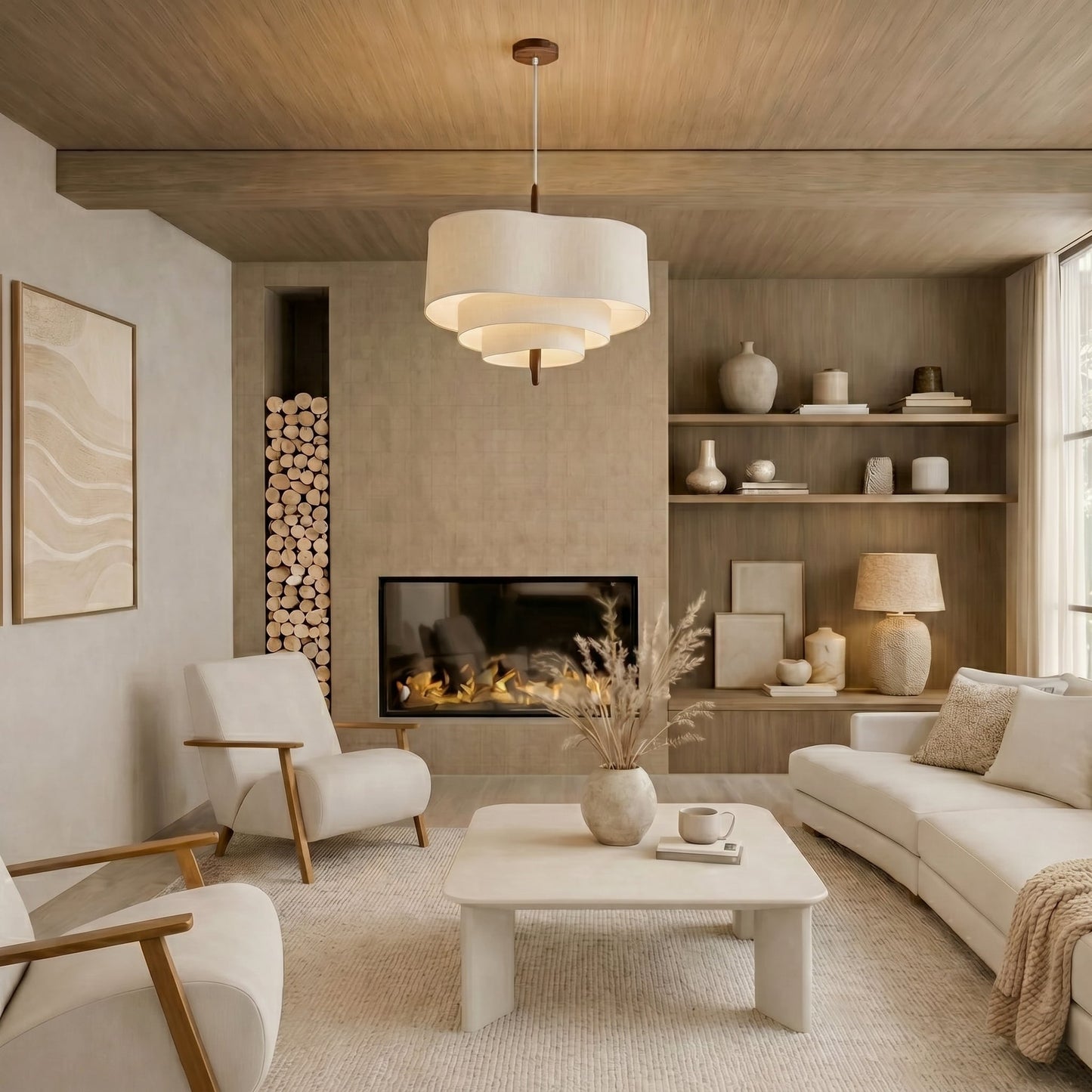Suspension design beige en bois et tissu - Calora