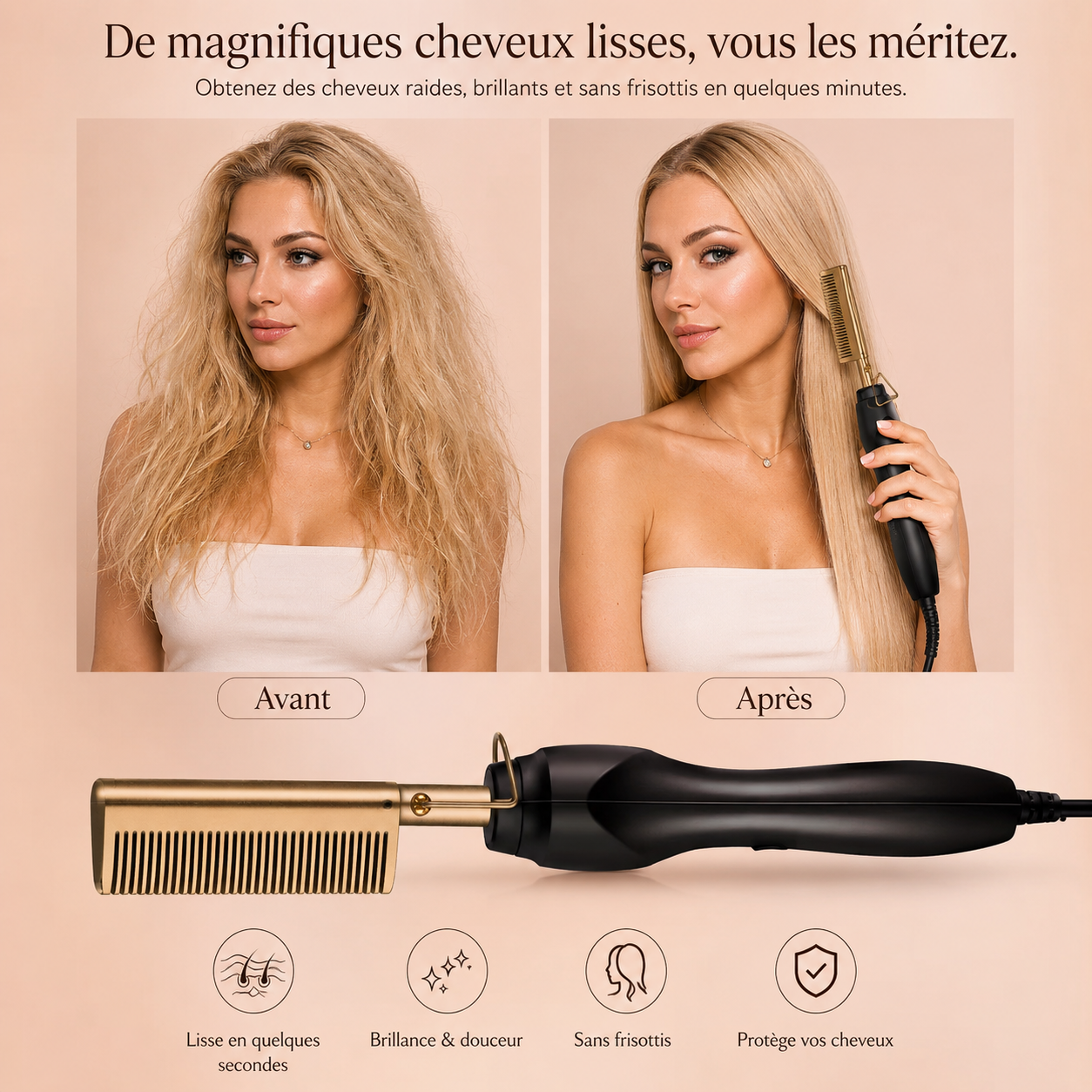 Peigne GlideComb Pro, packshot avec modèle blonde