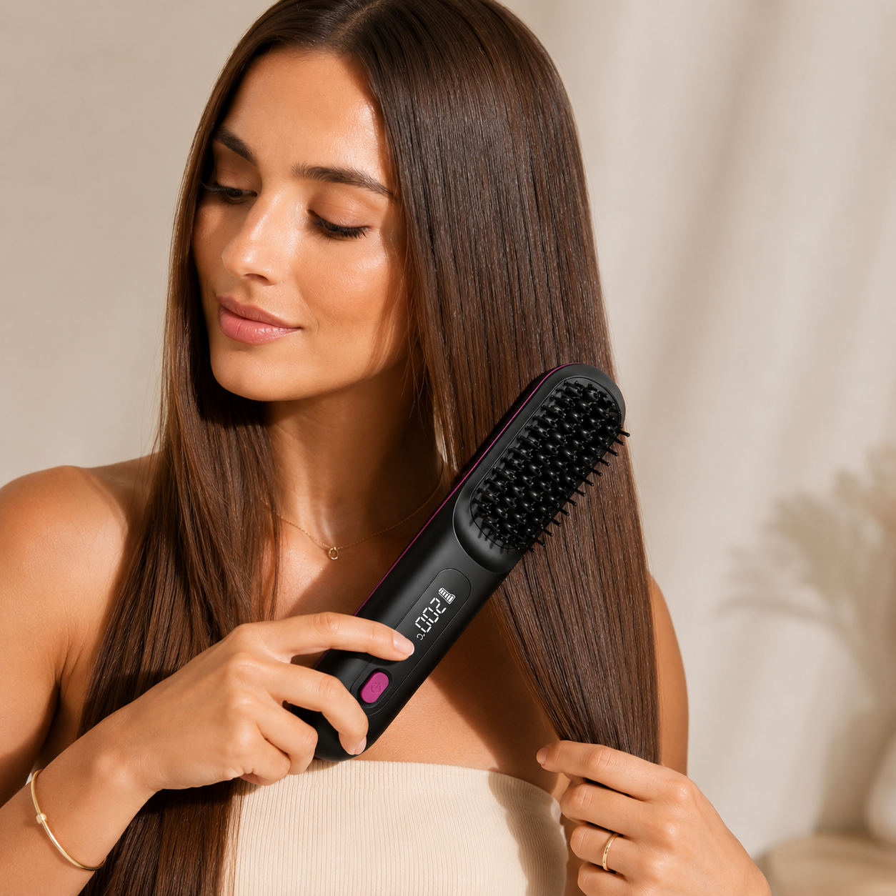 Brosse lissante IonoSleek Pro, utilisation sur une mèche