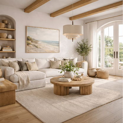 Suspension design beige en bois et tissu - Calora